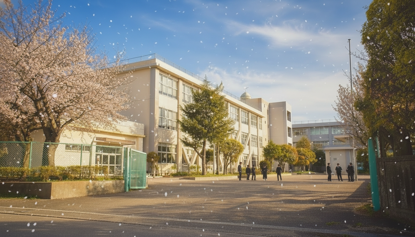 桜が舞う日本の高校の校舎と校庭