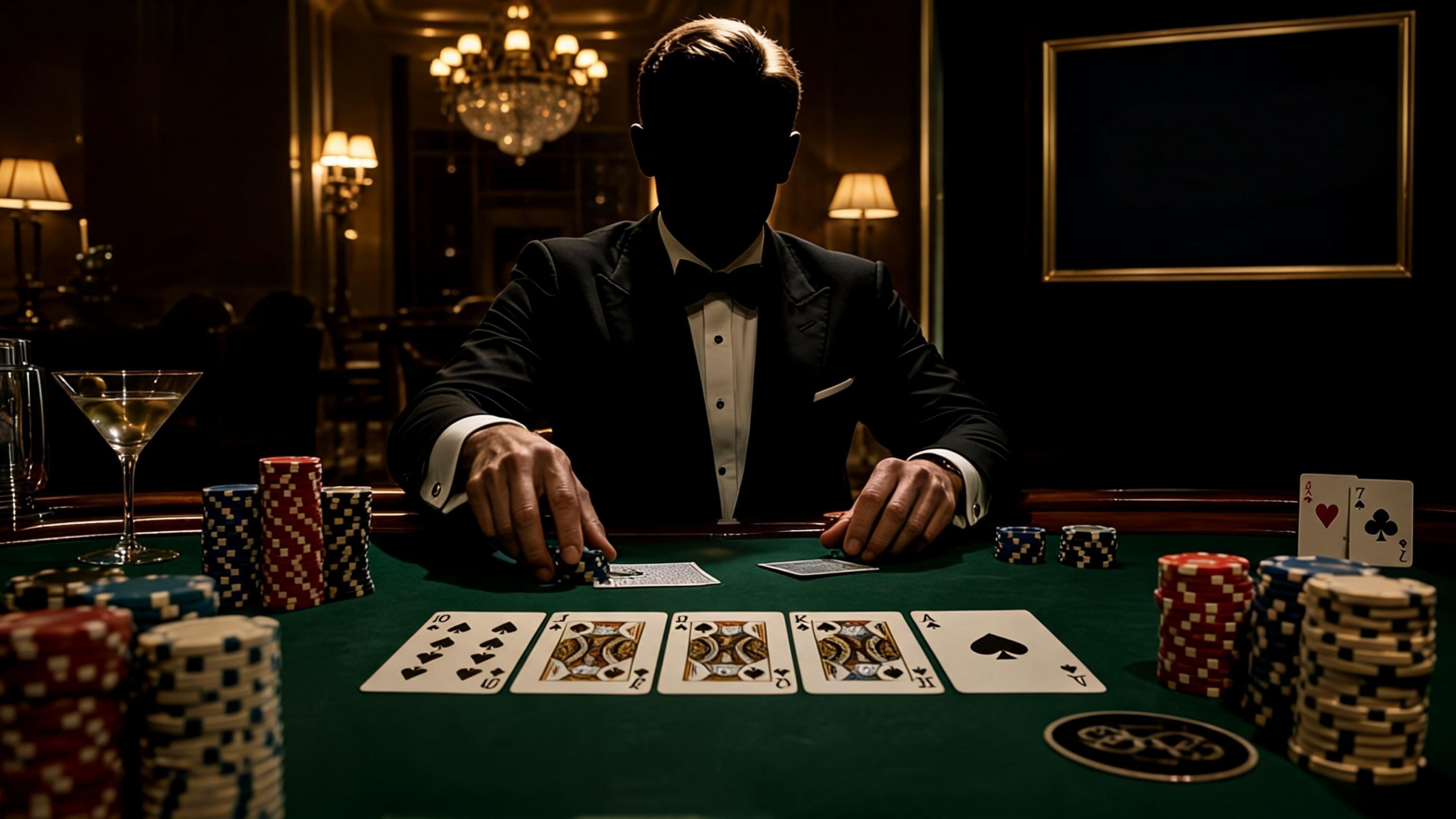 暗いカジノのテーブルに並ぶポーカーチップとカード。映画007カジノロワイヤルのイメージ