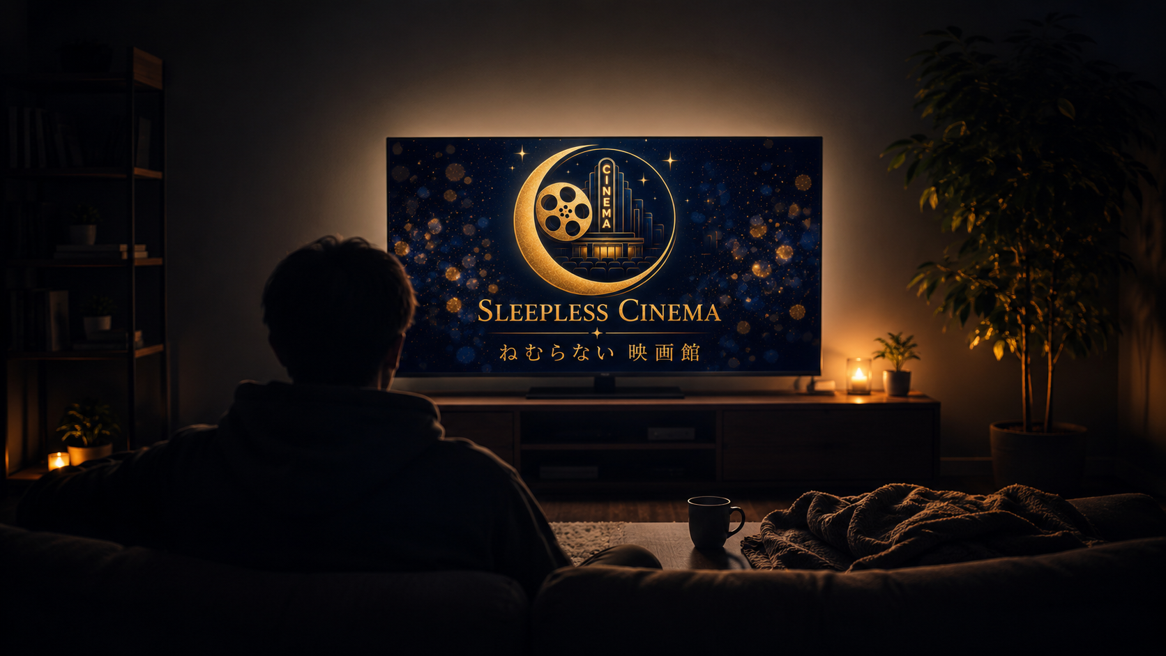 Amazonプライムおすすめ映画のイメージ。暗い部屋のテレビでねむらない映画館のロゴを見る人のシルエット