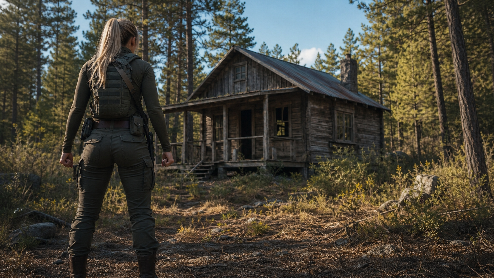 森の中の古びた廃屋を見つめる、装備を身につけた人物の後ろ姿。映画REVENGEリベンジ鮮血の処刑人のイメージ