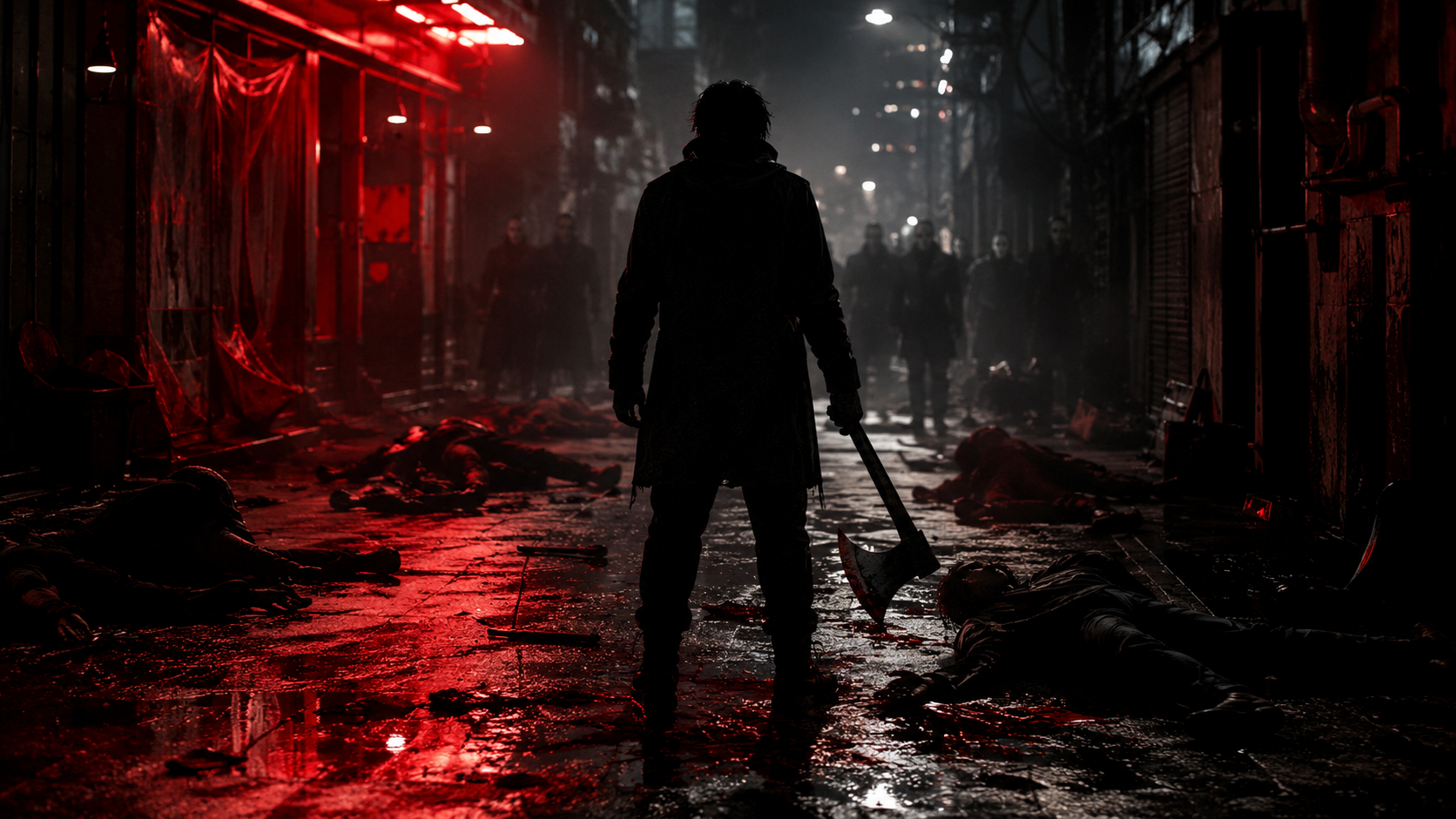 映画Demon City 鬼ゴロシのイメージ。赤いネオンの夜の路地で、斧を提げて立つ男のシルエット