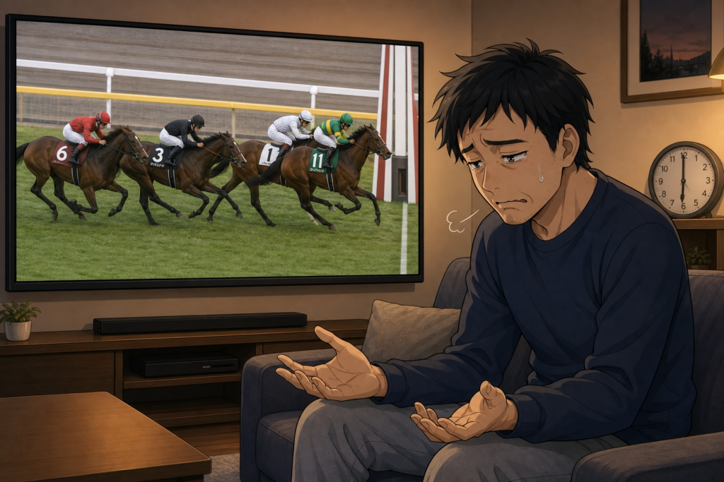 テレビの競馬中継を見ながら、落ち込んでいる人のイメージ