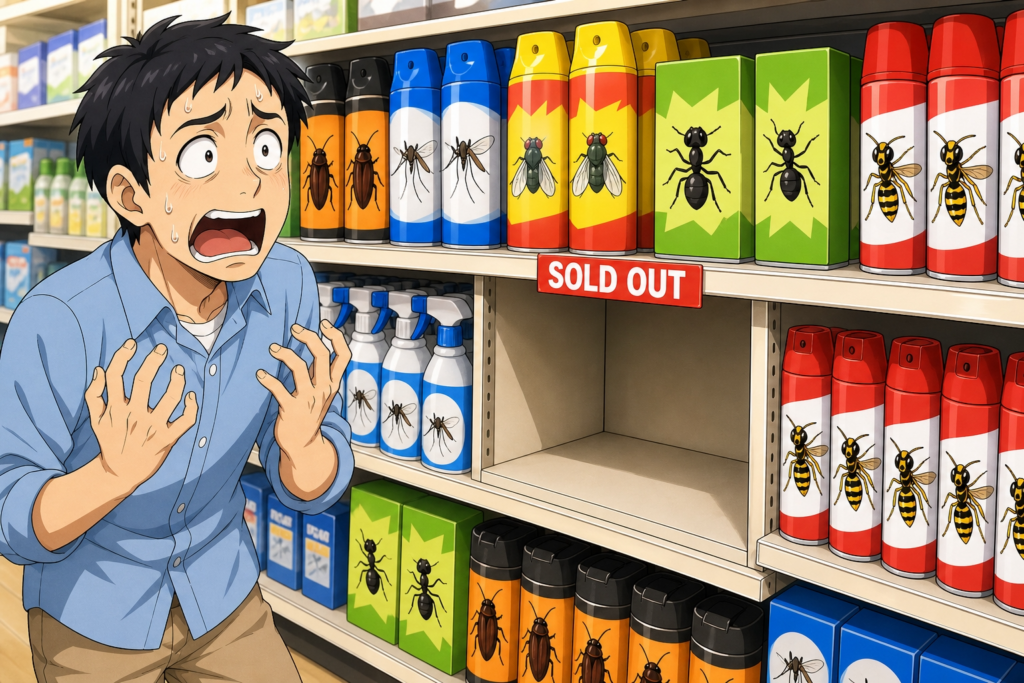 殺虫剤売り場の棚が売り切れになっていて、焦っている人のイメージ