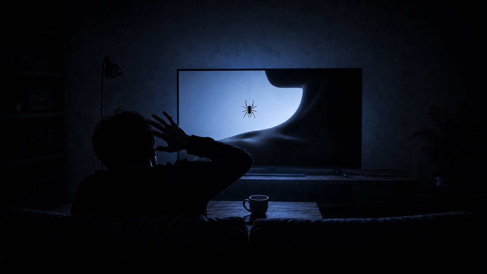 スパイダーマン映画シリーズのまとめ記事のイメージ。暗い部屋でテレビの光を浴びながら、顔の横に手を上げて画面を見ている人物のシルエット